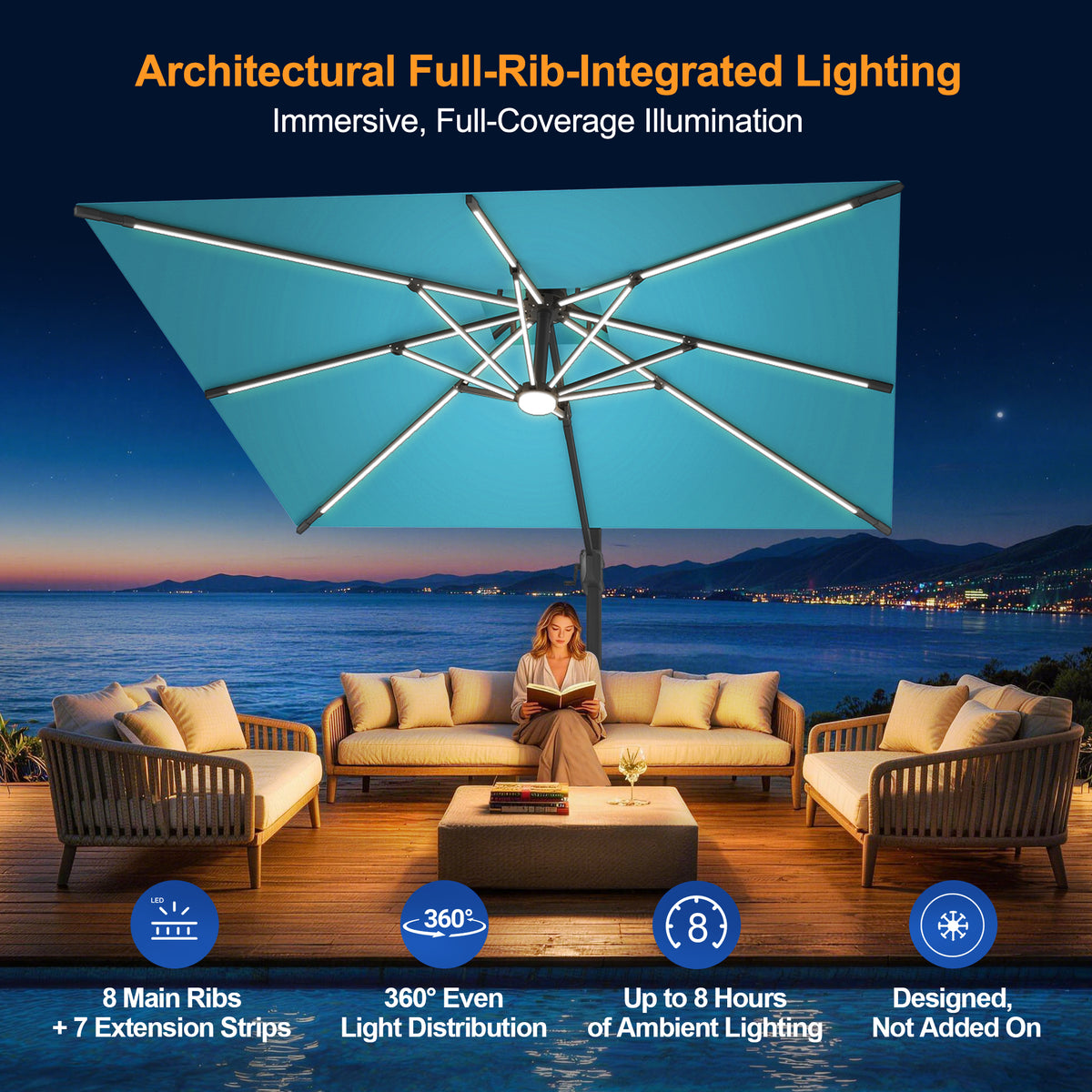Sunvanta Auron Premium Cantilever Umbrella with Full-Rib LED Strip Lighting, Reinforced Fibreglass Ribs and Powder-Coated Aluminium Pole for Luxury Patio & Garden Shade
