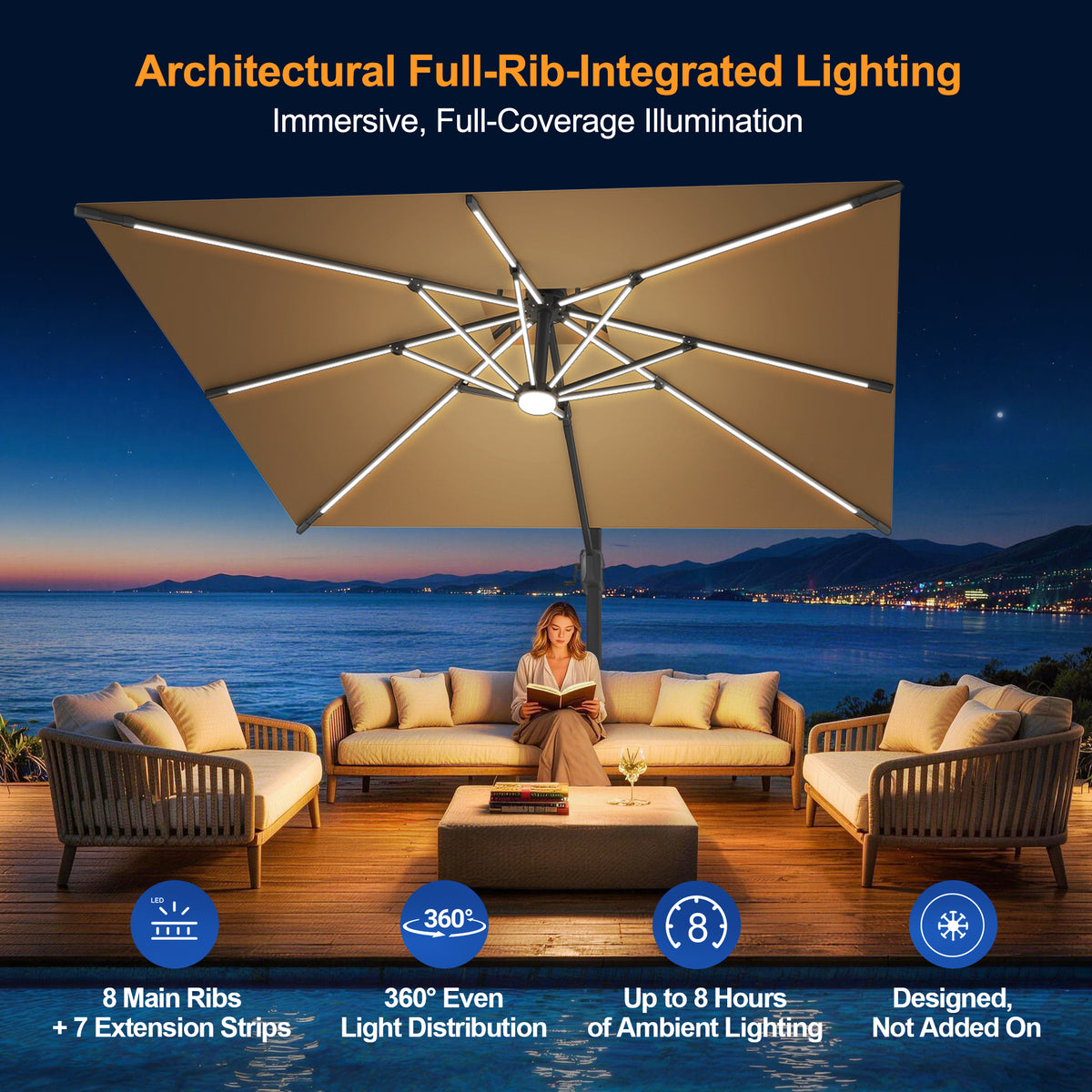 Sunvanta Auron Premium Cantilever Umbrella with Full-Rib LED Strip Lighting, Reinforced Fibreglass Ribs and Powder-Coated Aluminium Pole for Luxury Patio & Garden Shade