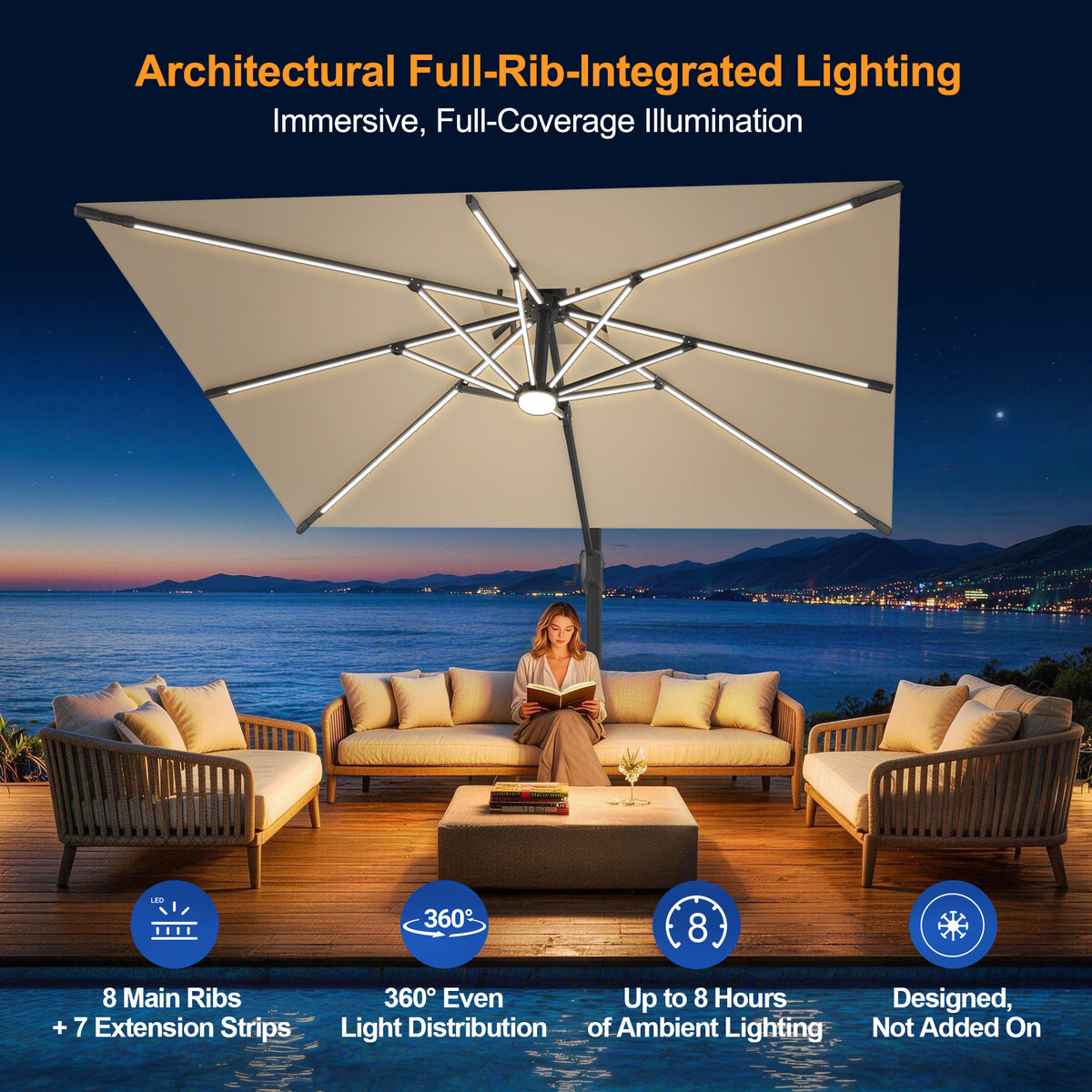 Sunvanta Auron Premium Cantilever Umbrella with Full-Rib LED Strip Lighting, Reinforced Fibreglass Ribs and Powder-Coated Aluminium Pole for Luxury Patio & Garden Shade