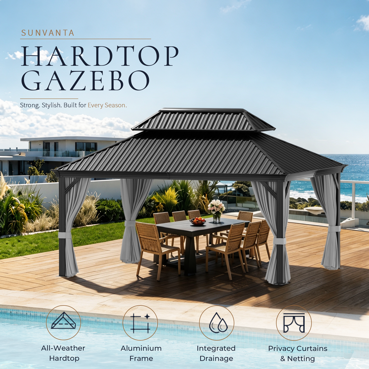 Sunvanta Haven 10 × 14 ft Aluminum Hardtop Gazebo – Ventilated Roof with Curtains for Patio & Backyard